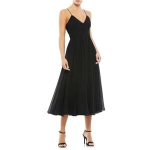 Mac Duggal Chiffon Sleeveless V-Neck Midi A-Line Cocktail Dress Black Size 6